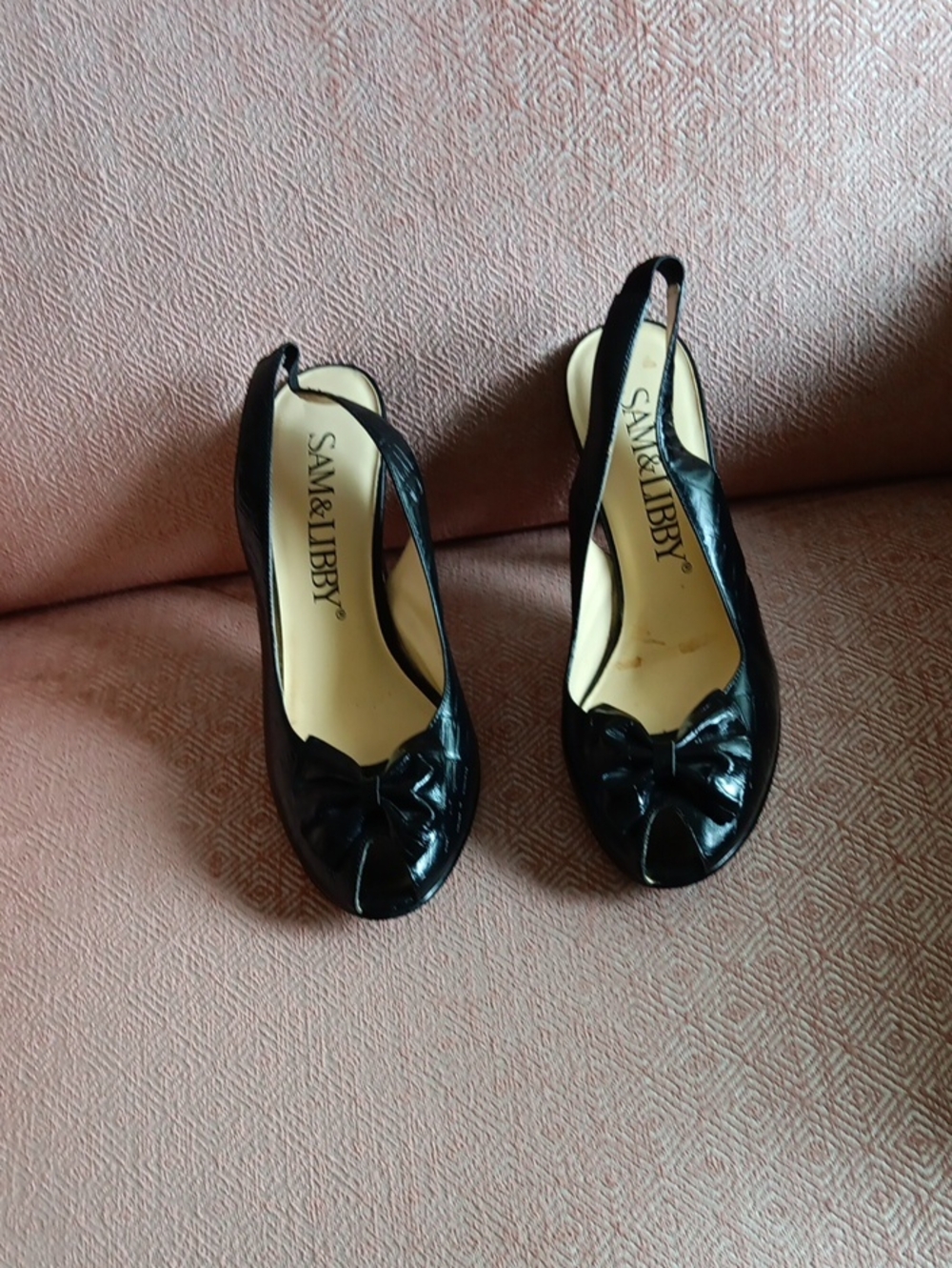 Sam & Libby Black Slingback Bow Peep-Toe Mules